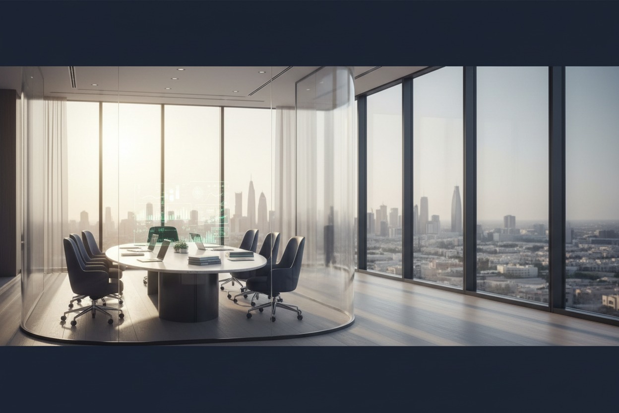 Create an ultra-premium hero background for a Saudi financial services website.

A luxurious modern financial office overlooking Riyadh skyline at sunrise.

Elegant glass meeting room, marble table, premium leather chairs, financial documents, laptop, subtle holographic financial charts, soft natural light entering through floor-to-ceiling windows.

Clean composition with plenty of empty space on the right side for website text.

Corporate, trustworthy, modern, luxury, minimalist.

Dark navy, emerald green and white color palette.

No text.
No logo.
No watermark.
No people.

Photorealistic.
Cinematic.
8K Ultra HD.
16:9 hero banner.
Optimized for desktop and mobile.